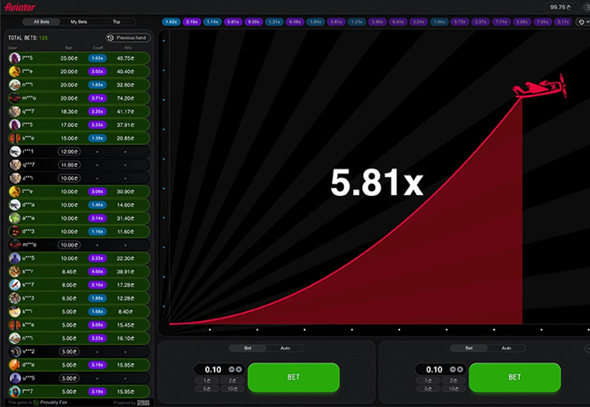 Aviator mid-round — red plane, 5.81x, live bets