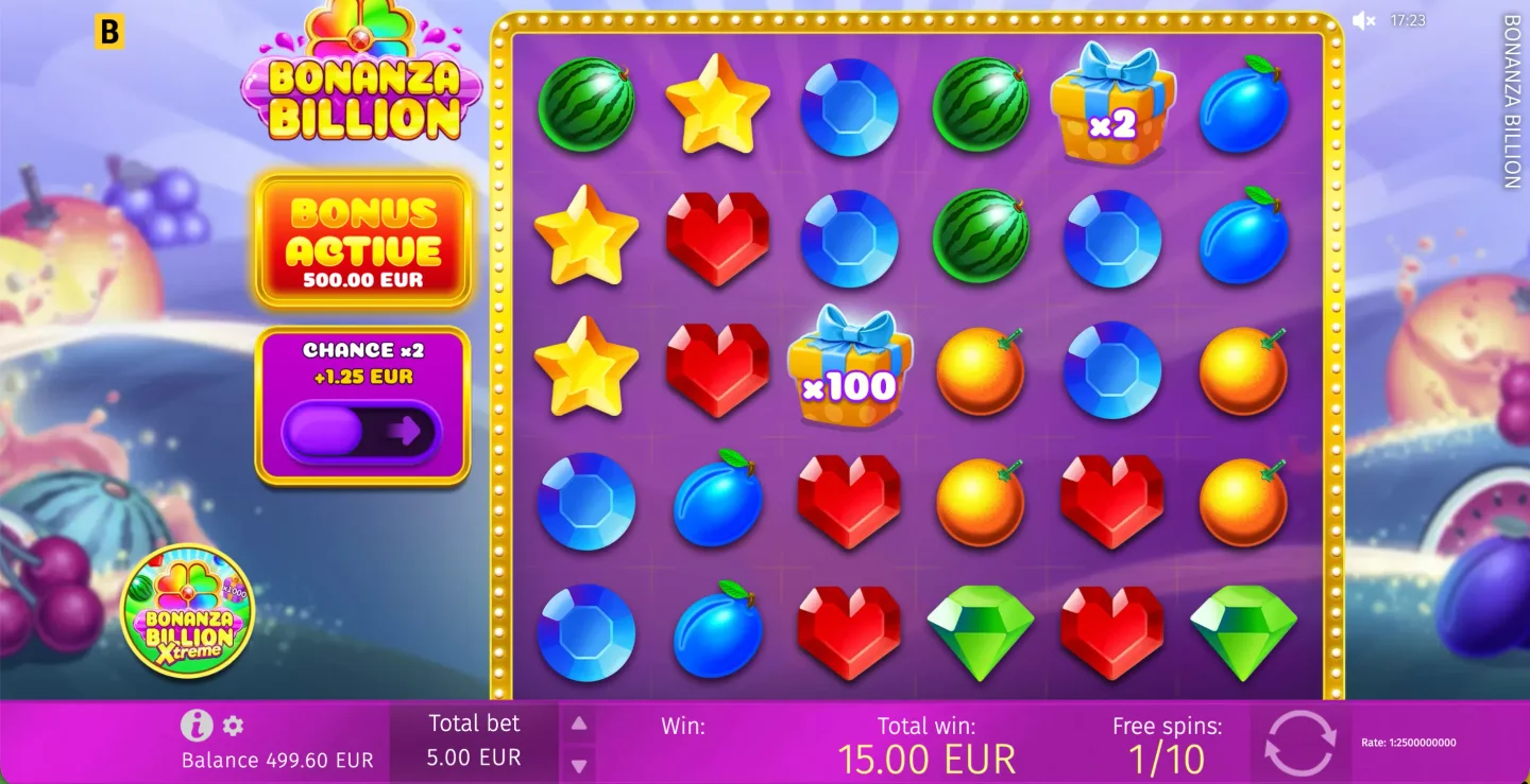 Bonanza Billion Free Spins with x2 and x100 multiplier boxes