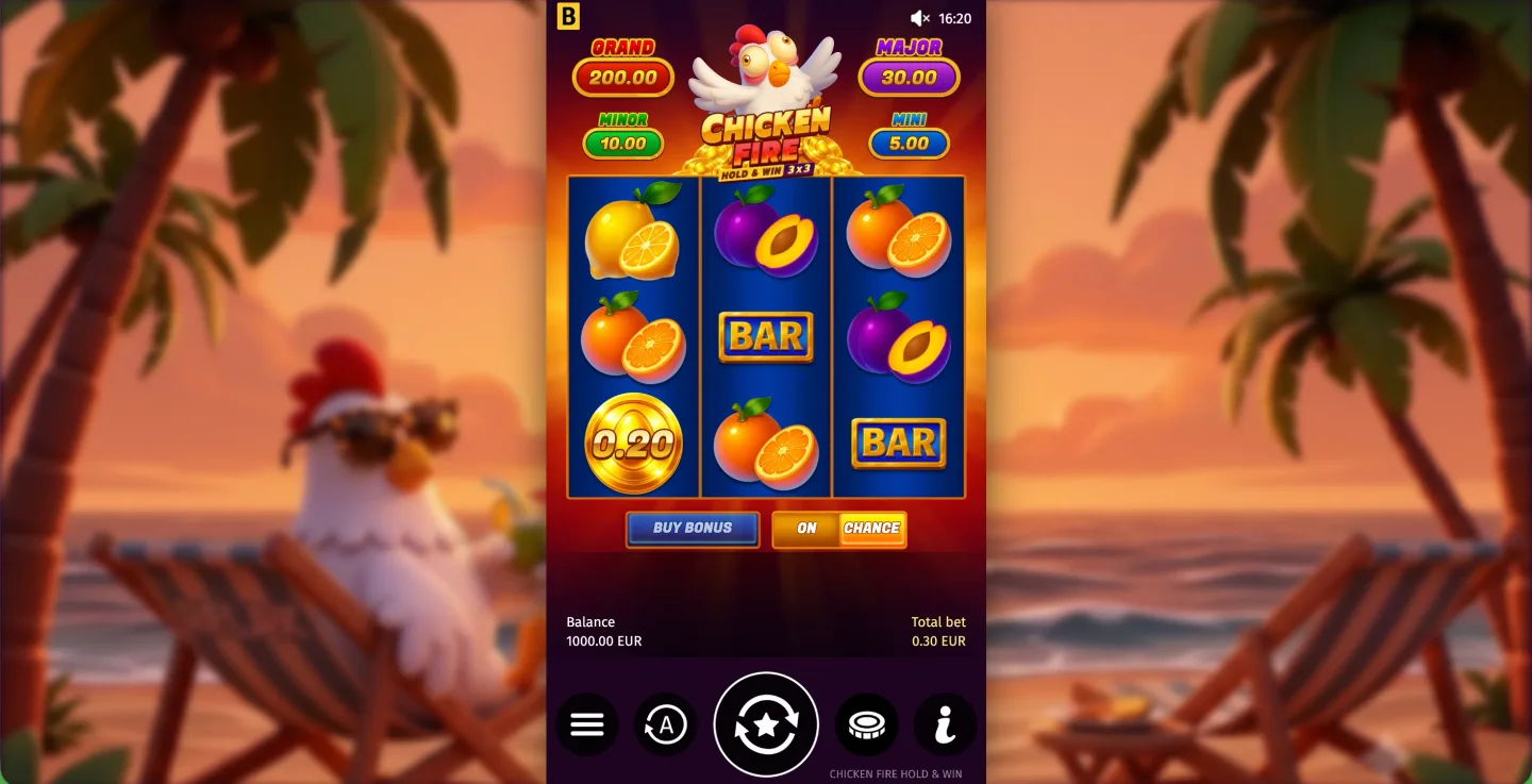 Chicken Fire base game with fruit symbols and Coin values