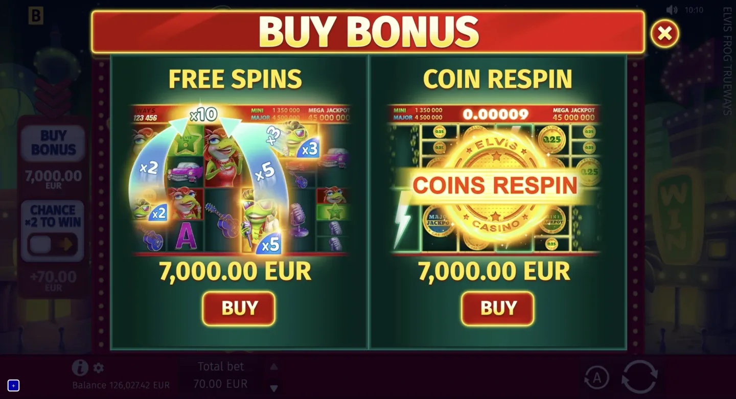 Elvis Frog TRUEWAYS Buy Bonus menu: Free Spins or Coin Respin