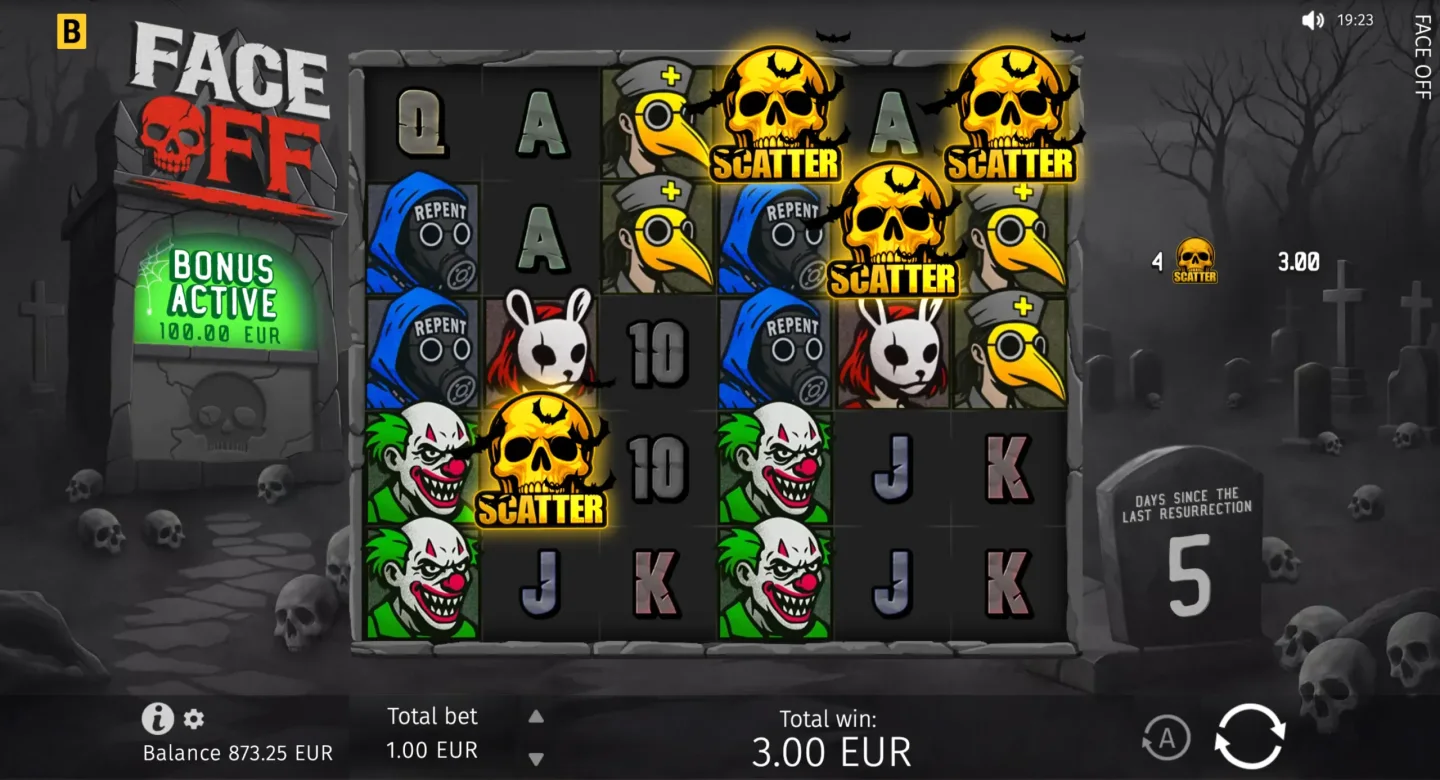 Face Off Free Spins retrigger and win presentation