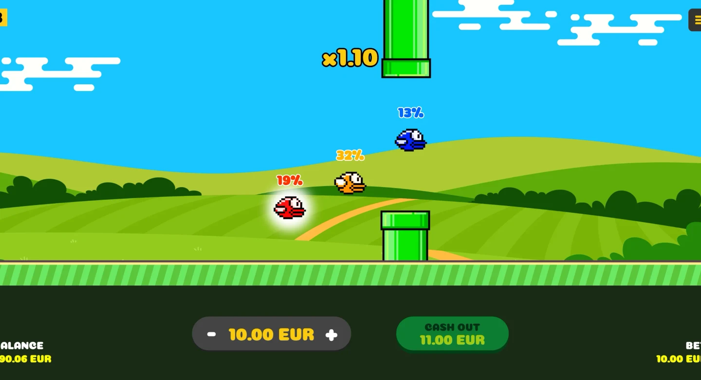 Lucky Birds in flight between green pipes