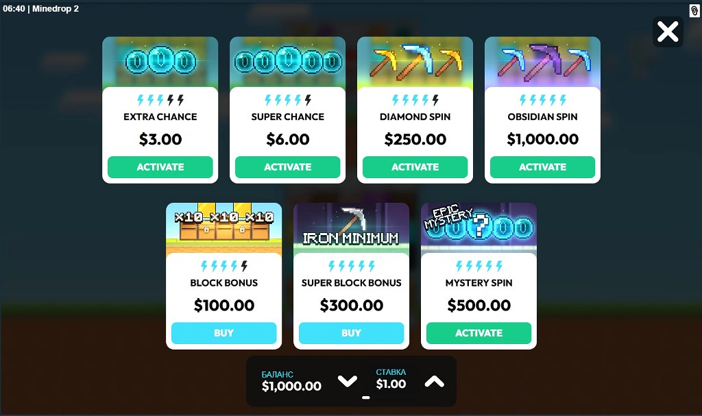Меню бонусов Mine Drop 2 — Extra Chance, Diamond / Obsidian spins и покупки Block Bonus