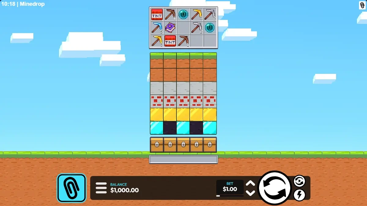 Mine Drop base screen — 5×3 symbols above the block shaft and locked chests