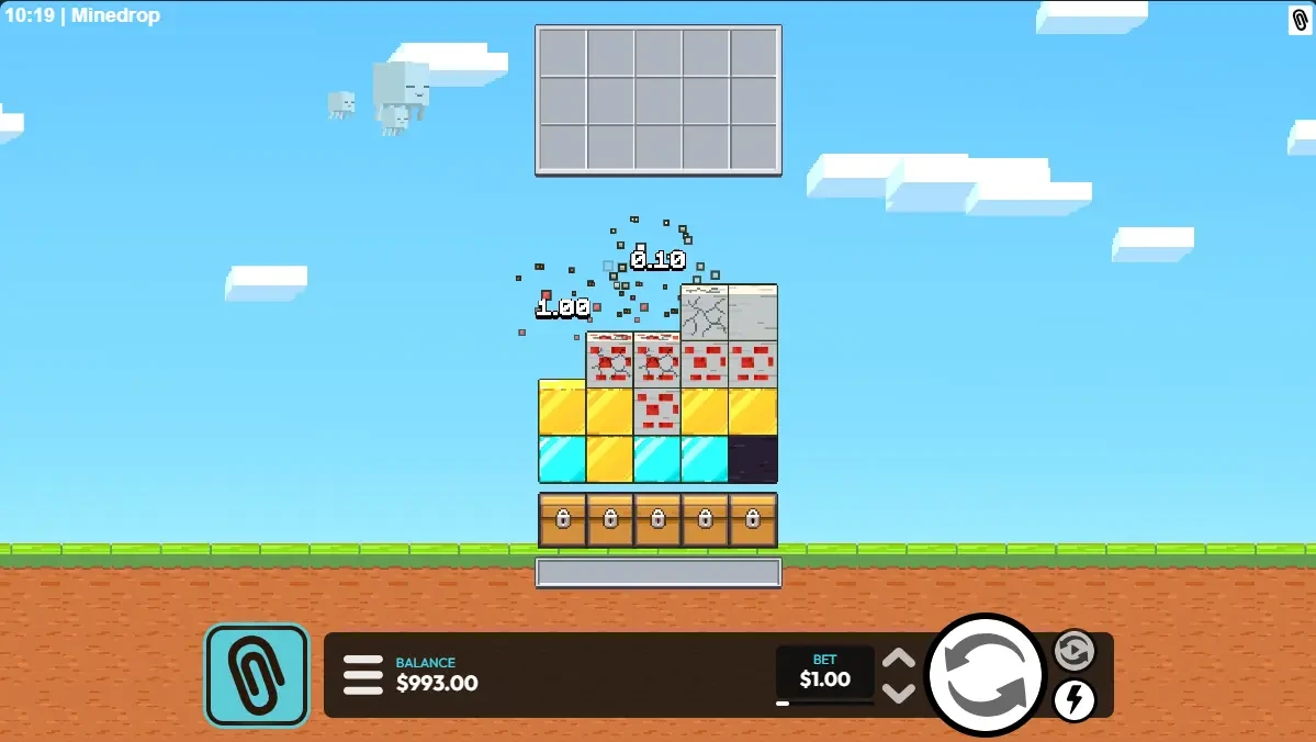 Mine Drop dig resolve — cracked blocks, payout ticks and chests at the bottom