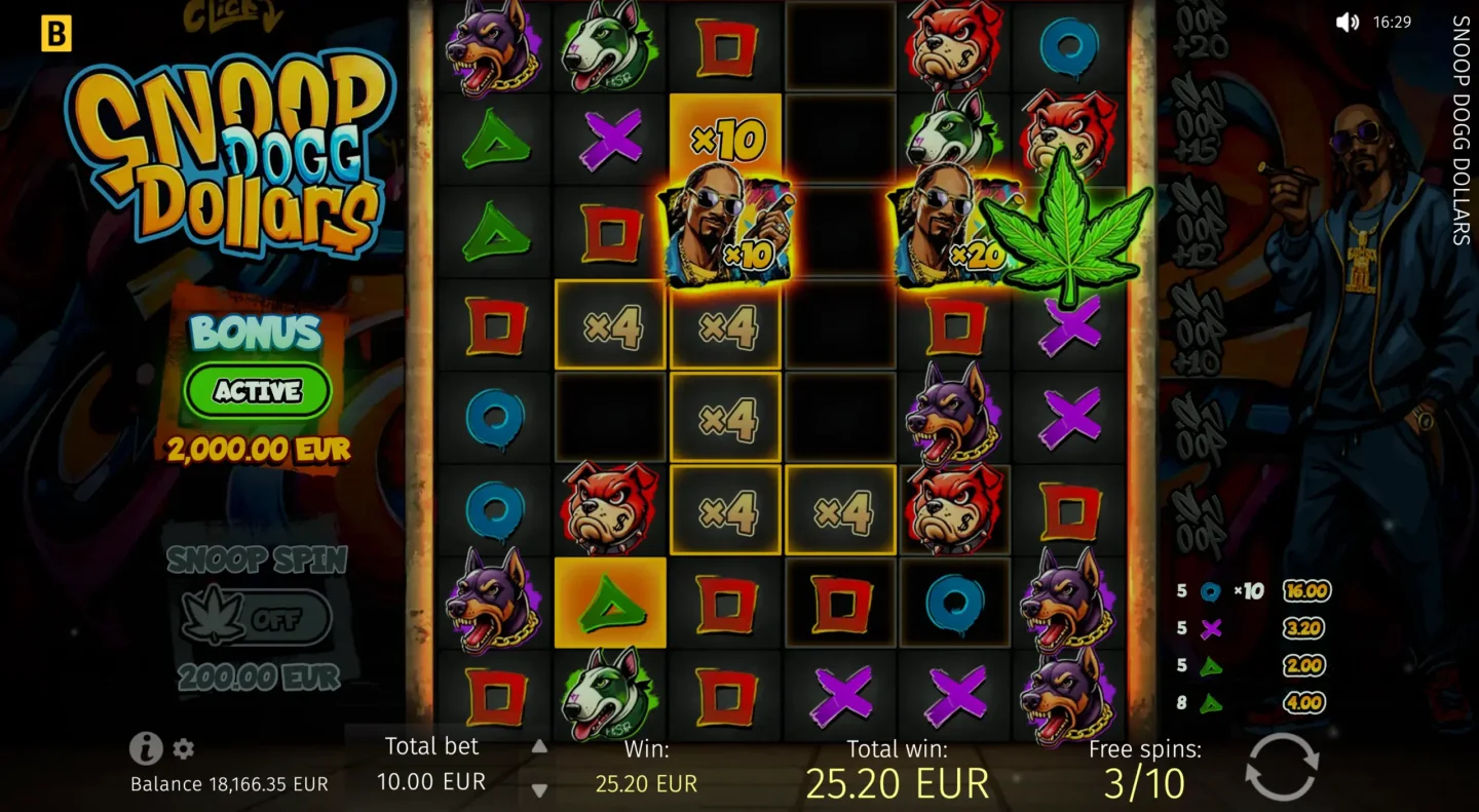 Snoop Dogg Dollars bonus with cell multipliers and Weed symbol