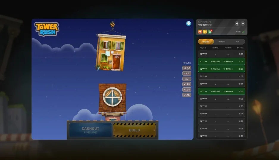 Tower Rush tower building with live multiplier