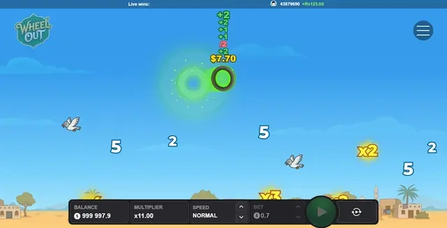 Wheel Out mid-round — flying tire and climbing multiplier