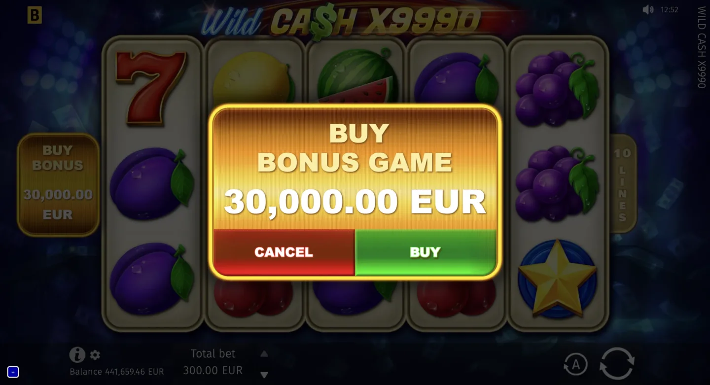Wild Cash x9990 Buy Bonus Game confirmation