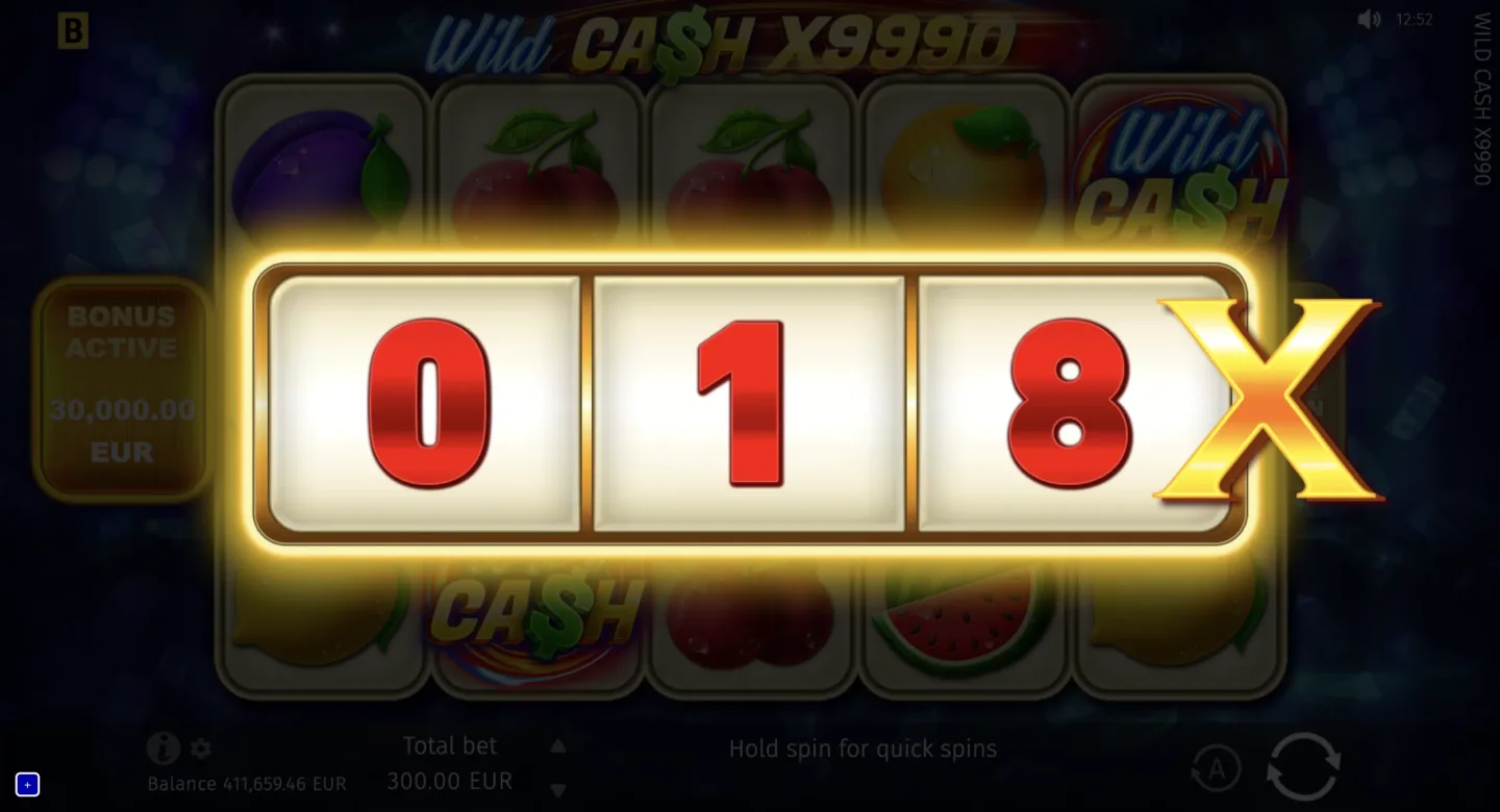 Wild Cash x9990 Bonus Game showing an 18× multiplier